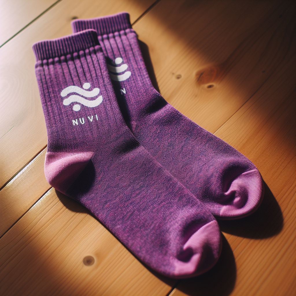 Purple custom socks with the company's logo on a wooden floor.