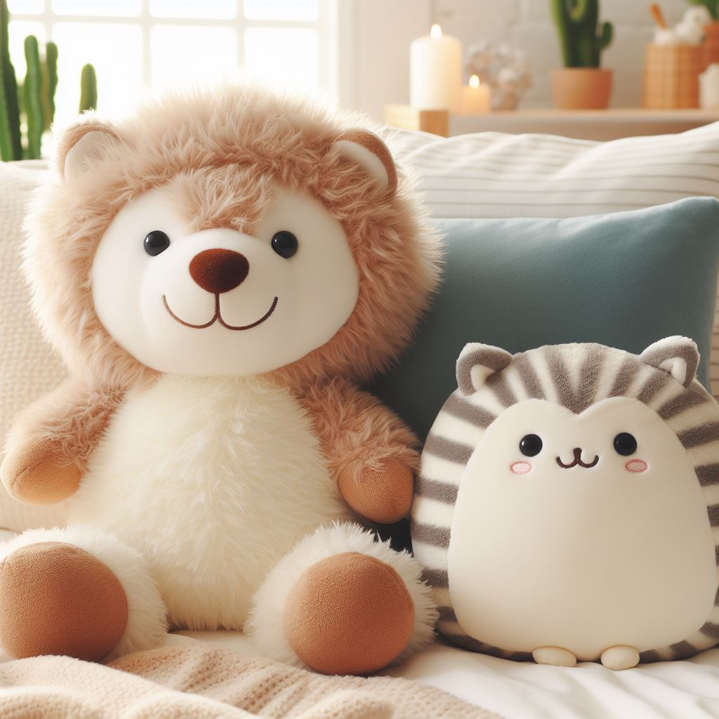 Custom plush toys: one is a stuffed animal, while the other is a squish plushie.