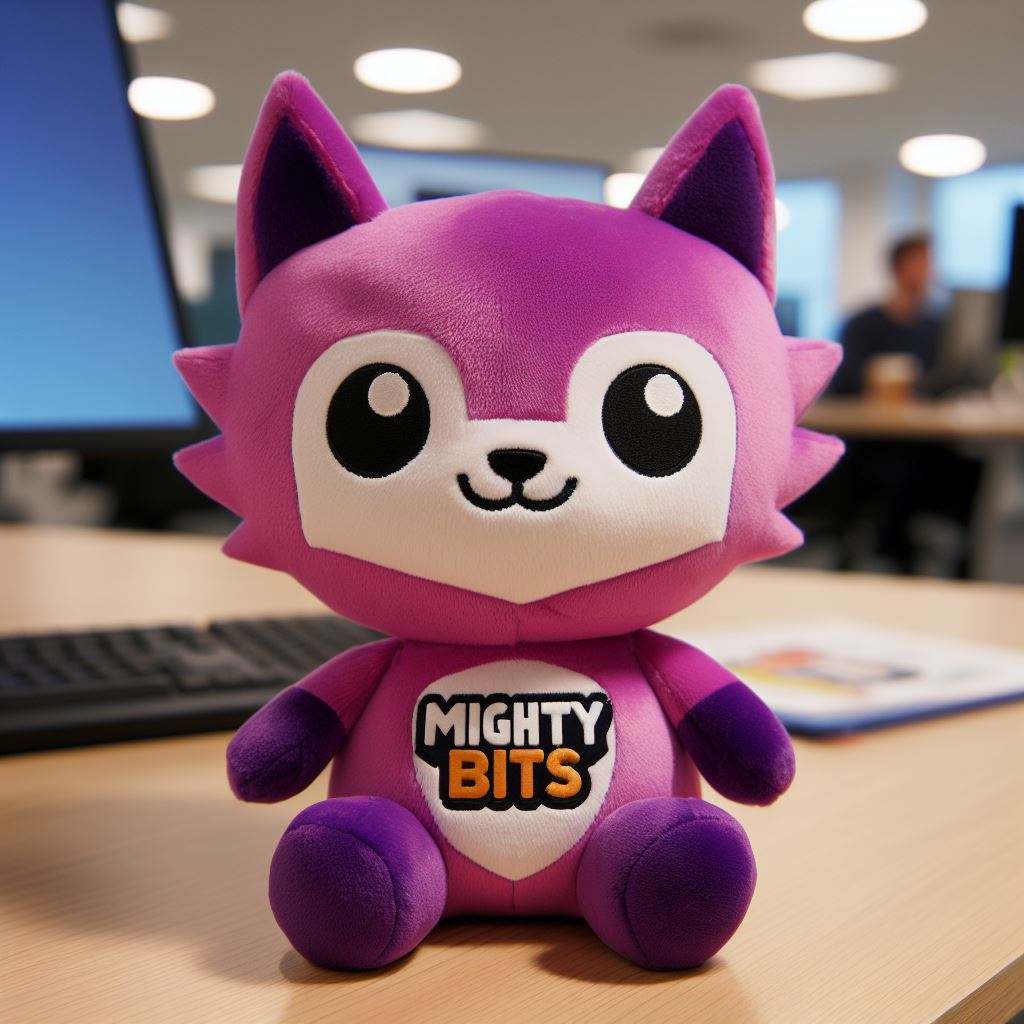 A custom stuffed animal with a logo of a business sitting on a table.