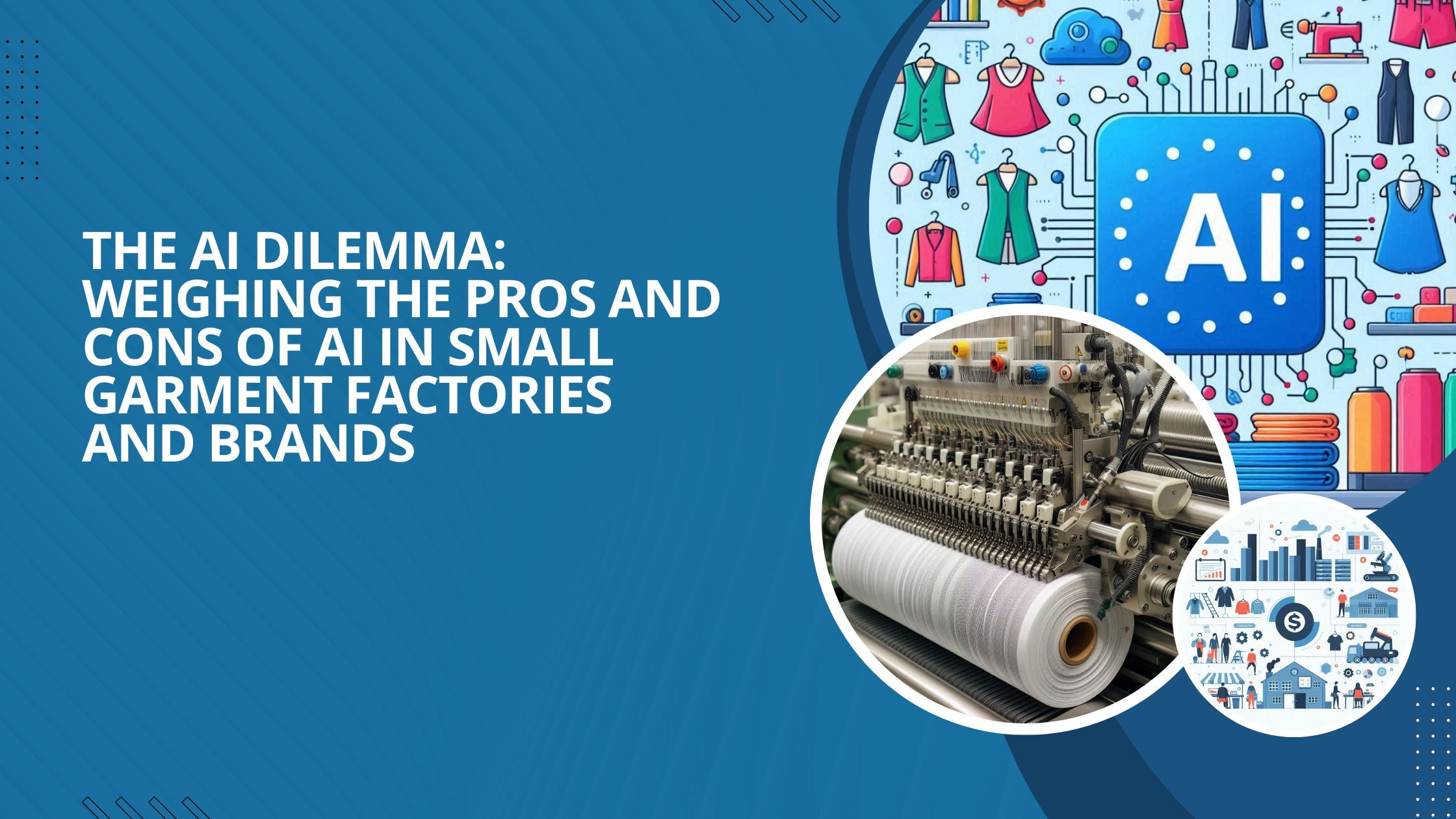 Three images: implementation of AI in a garment factory and a textile machine.