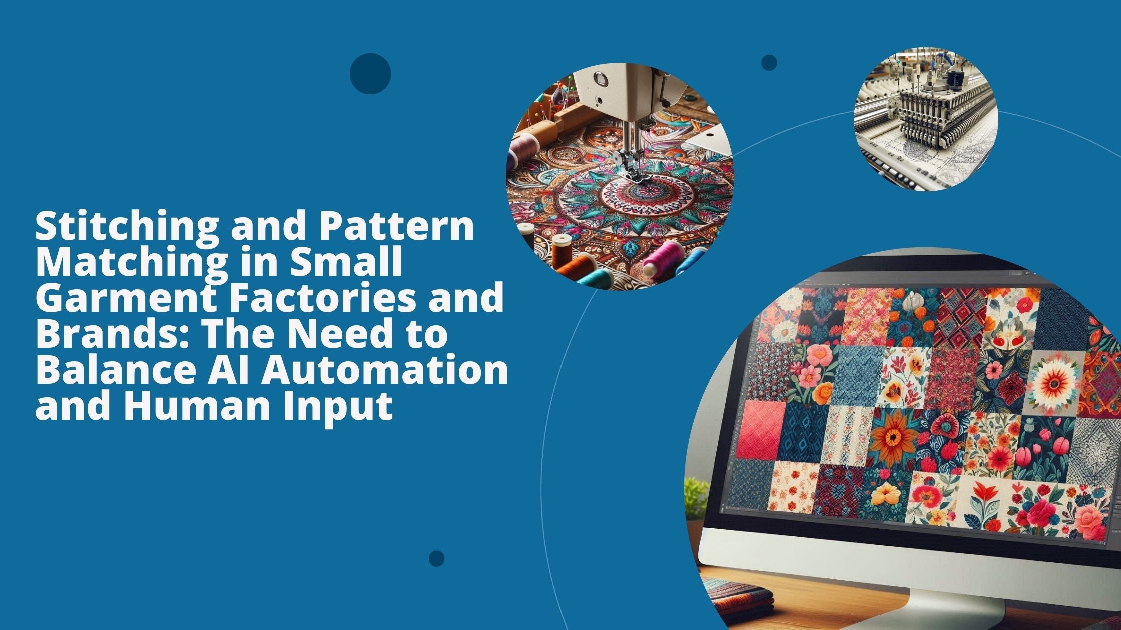A computer screen with beautiful garment designs, a sewing machine working on a project, and an automated pattern and design machine.