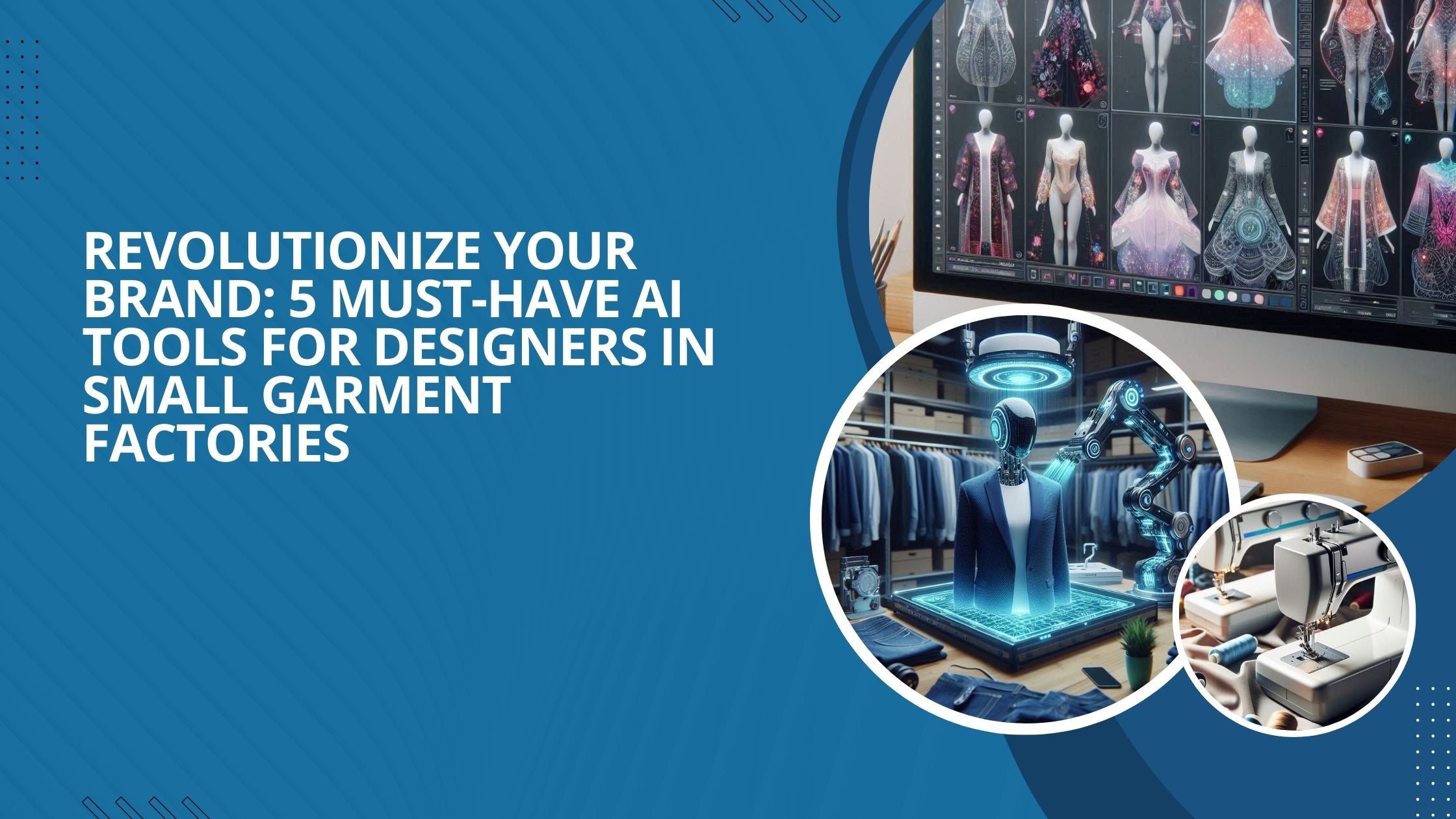 A computer screen with various garment designs, a virtual try-on tool, and sewing machines.