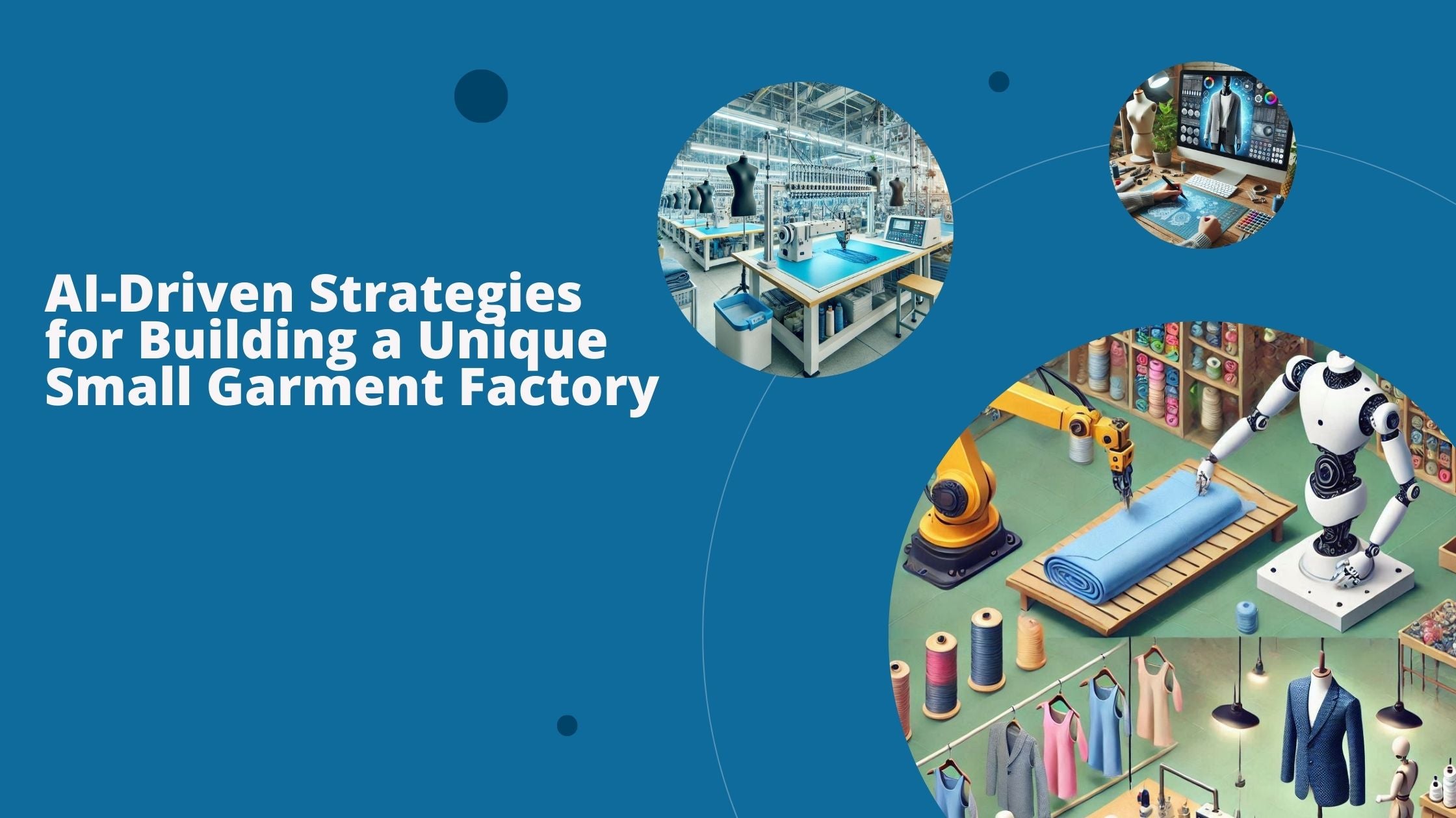 Three illustrations of modern garment factories with various AI-powered machines.