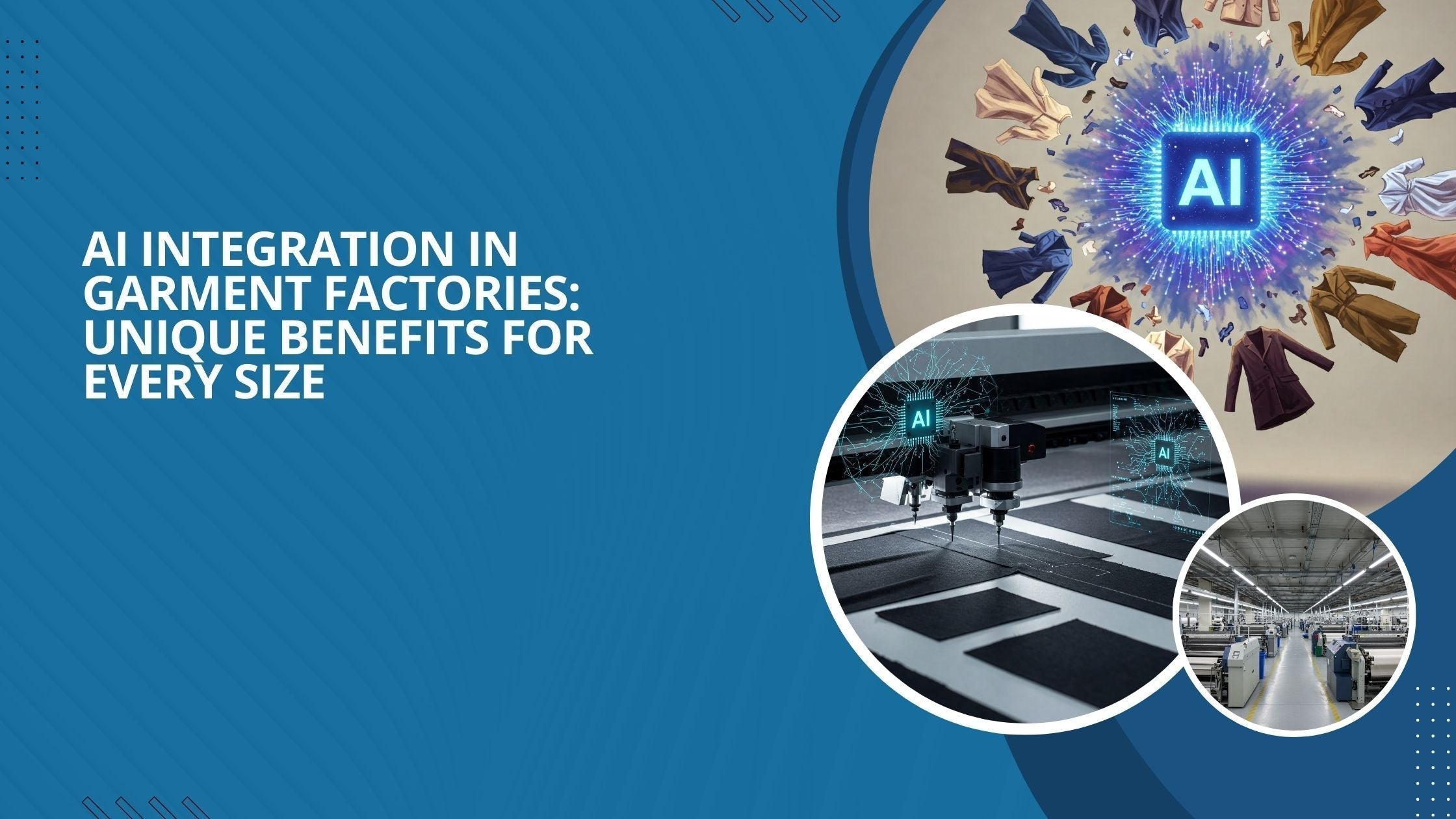 Three images show AI integration in various-sized garment factories.