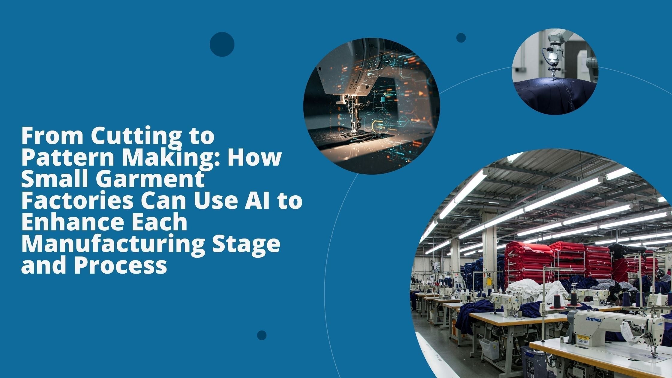 Three images: one small garment factory and two images with AI-powered garment factories.