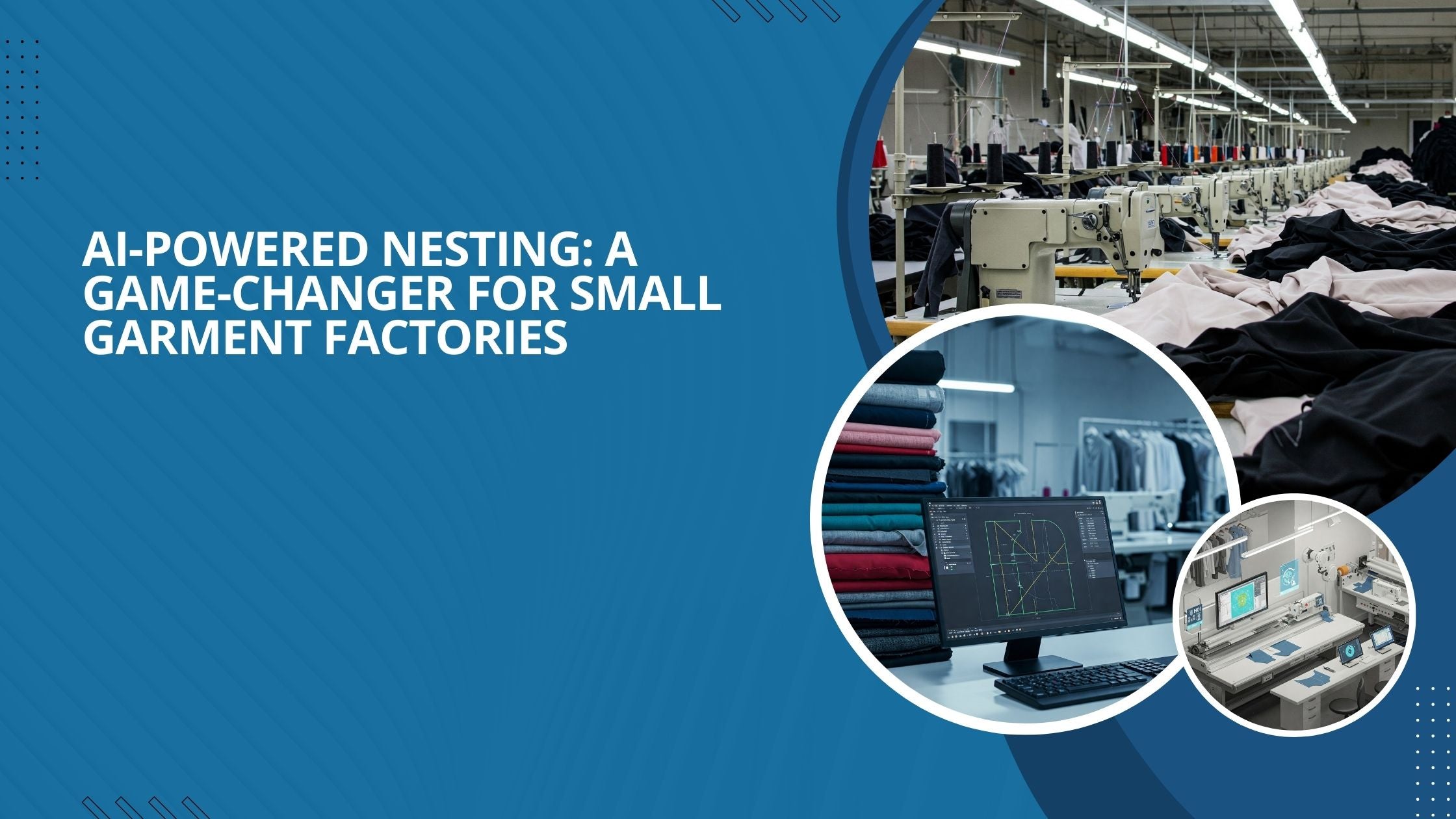 Three images: one shows a row of sewing machines and many apparel, and the other shows various intelligent machines and garments.