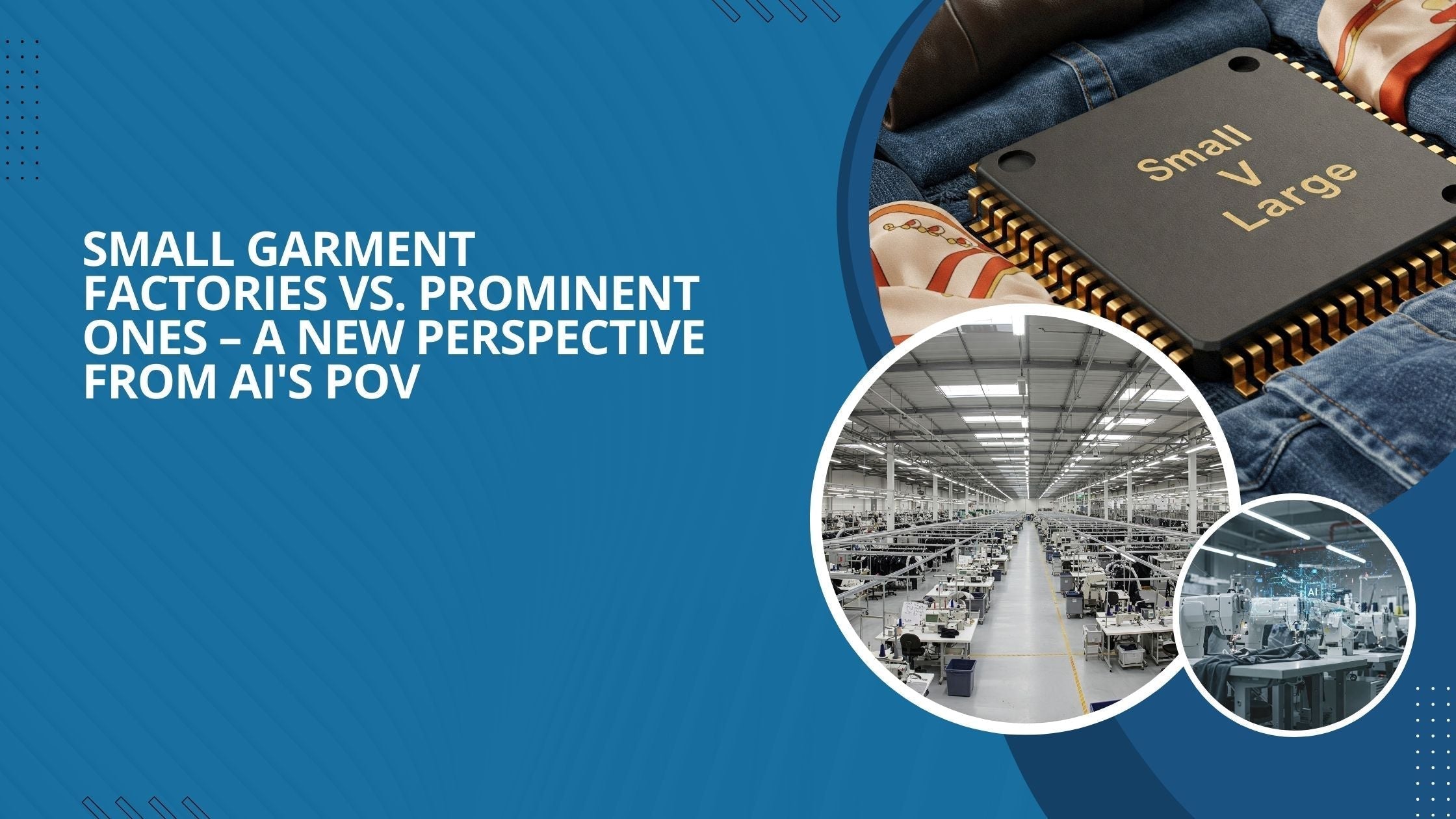Three images to show small vs large garment factories from AI POV.