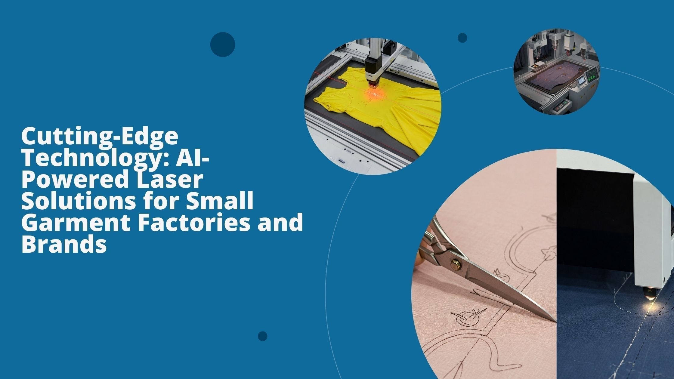 Three images show various applications of AI-guided laser machines in small garment factories.