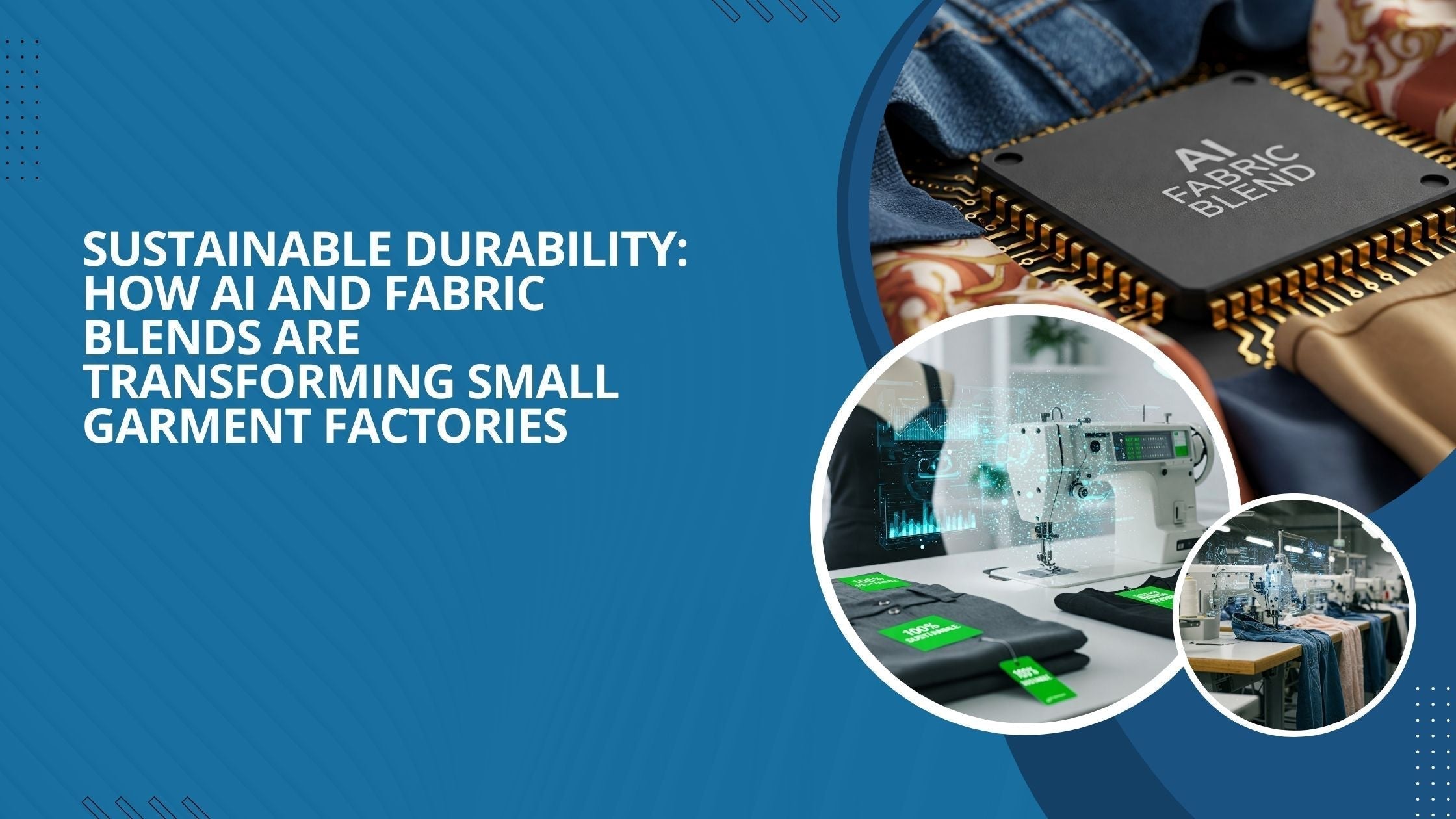 A computer chip with the text AI fabric blend and two other images to show various applications of fabric blends in garment manufacturing.