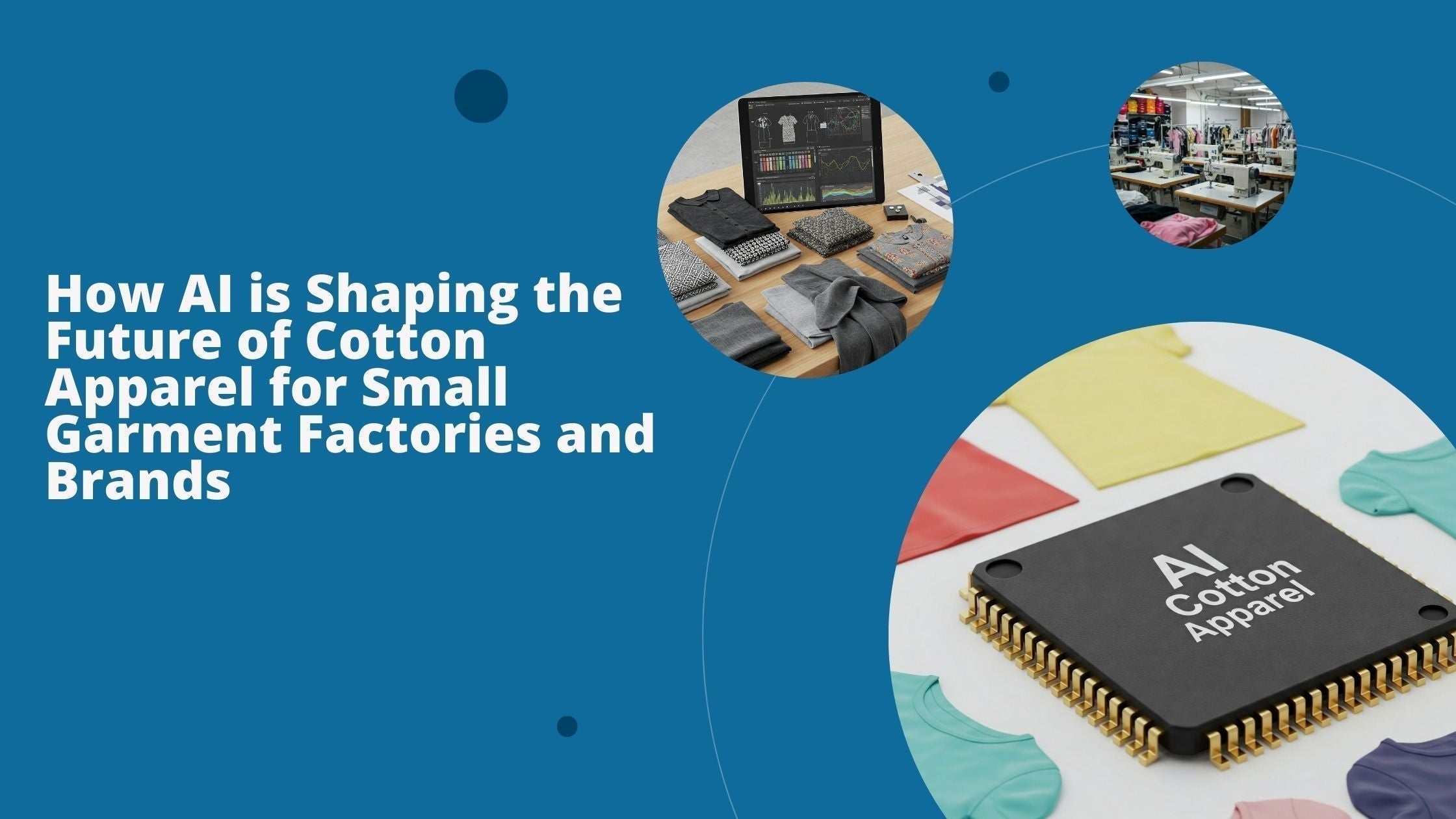 Three images show various aspects of AI for cotton apparel in small garment factories.