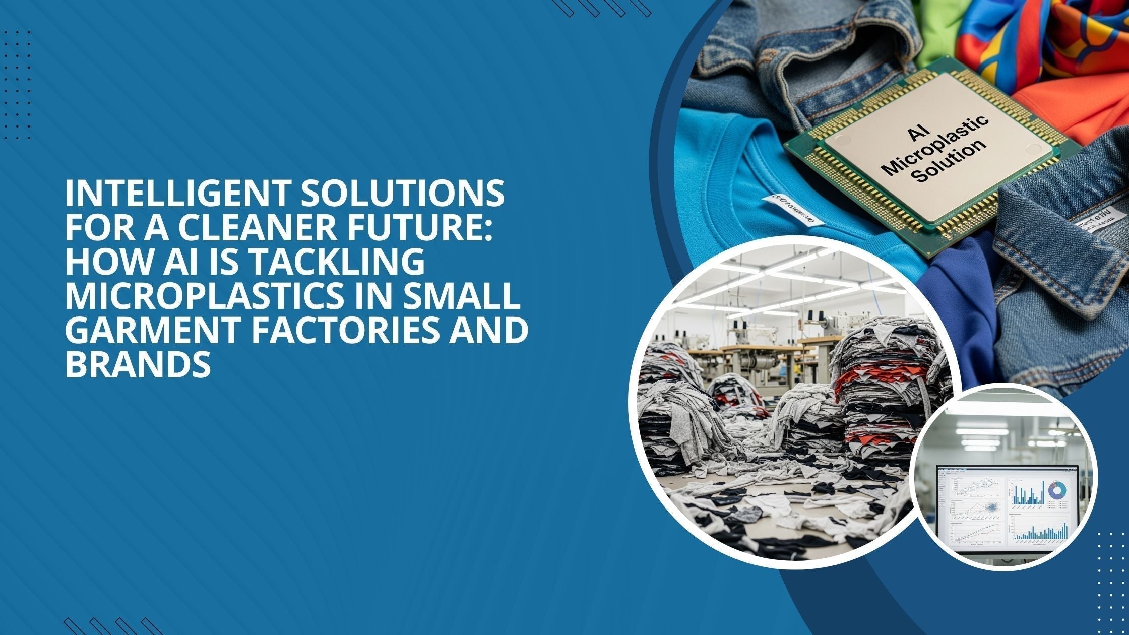 Three images show how AI helps to reduce microplastics in small garment factories.