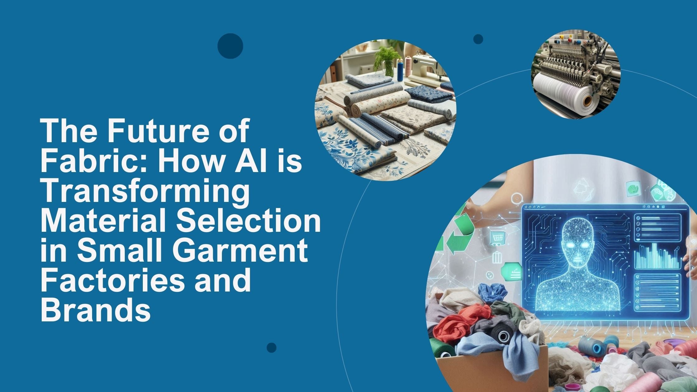 Three images: an illustration to show the use of AI for garment selection, various garments on a table, and a textile machine.