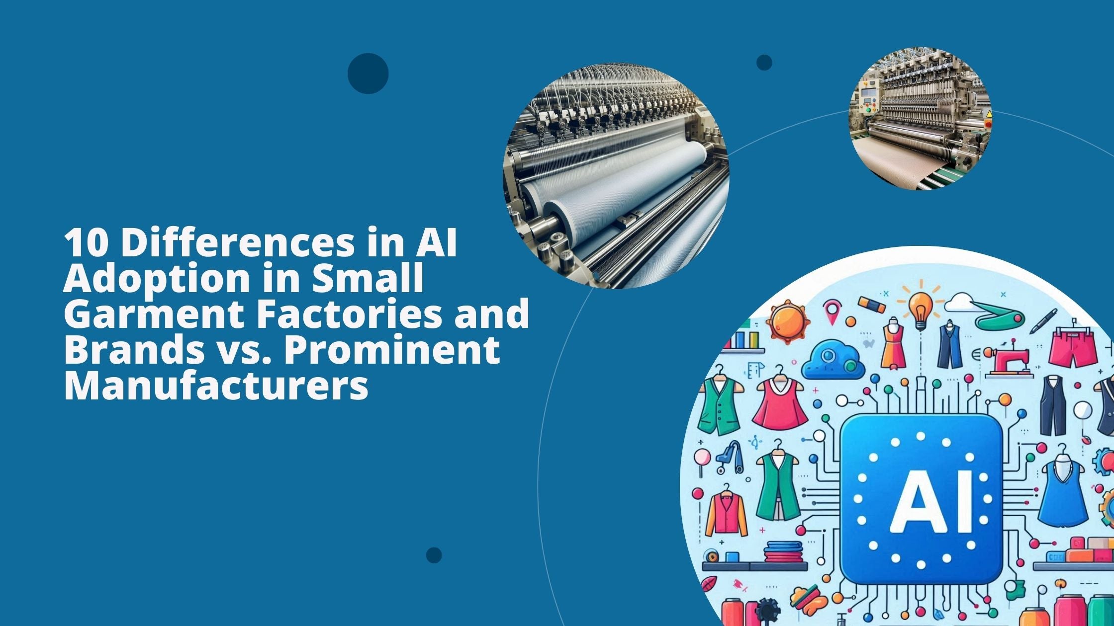 Three images: one image illustrates the usage of AI in garment manufacturing and two images of different textile machines.