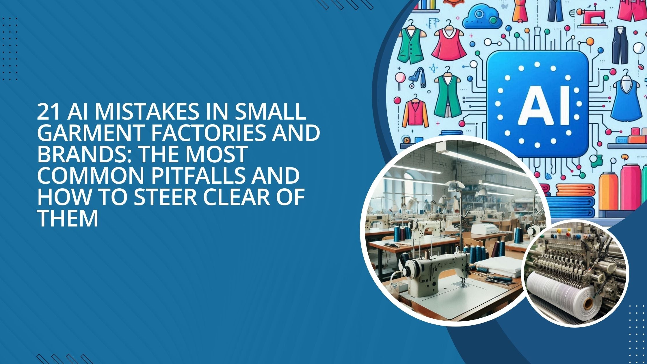 Three images: an illustration to show AI's implementation in garment manufacturing, a factory floor with sewing machines, and a textile machine.