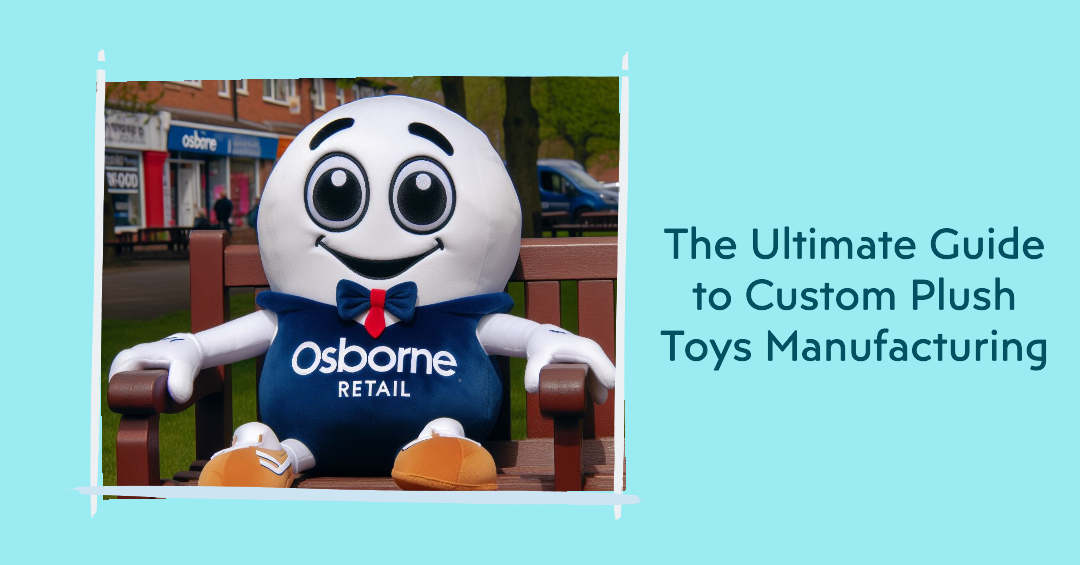 A custom plush toy with a company's logo on its chest sitting on a park bench.