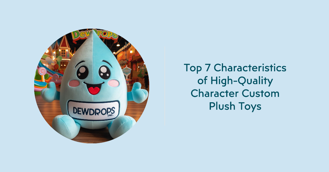 A blue-colored character custom plush toy with the company's logo sitting on the floor.