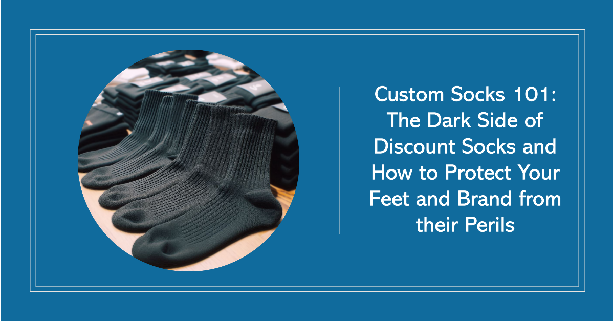 Various dark-colored custom socks are on a shop counter.