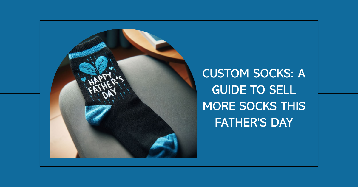 A black and blue custom sock wishing Happy Father's Day is on a chair.