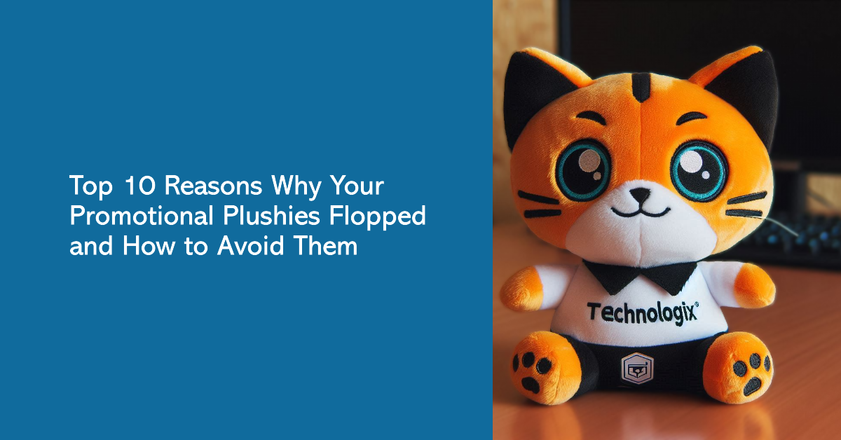 A promotional plush toy cat mascot with the company's logo is on a table.