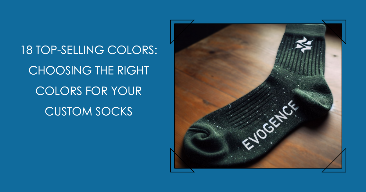 A dark green custom sock with the company's logo is on a table.