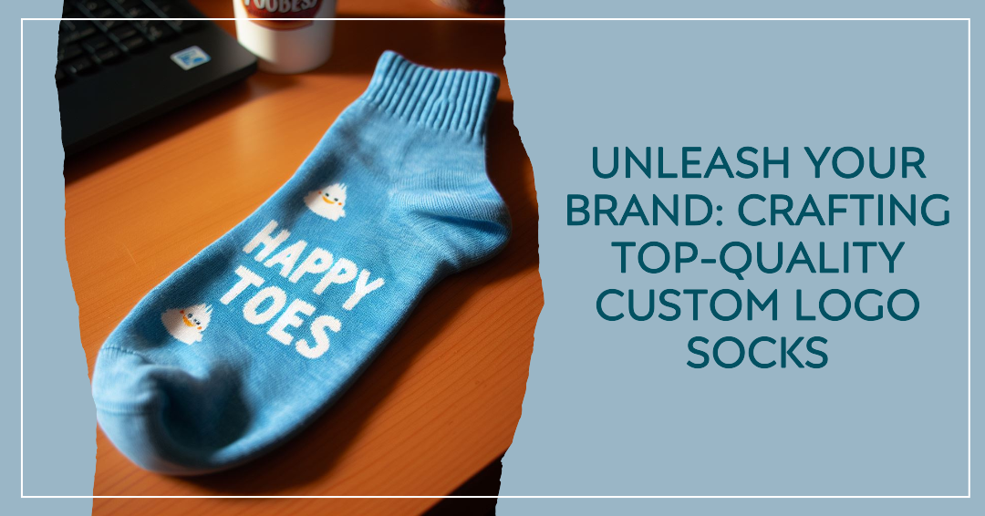 A custom logo sock in the blue color lying on a table.