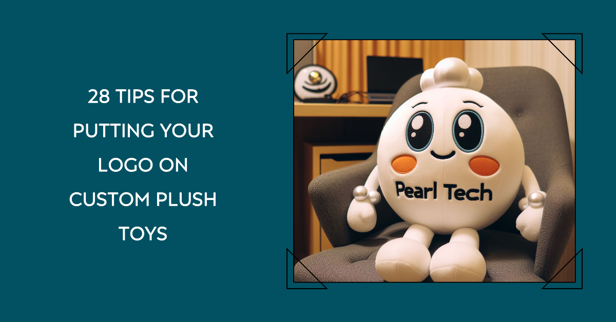 A custom plush toy with a logo sitting on a chair. It is manufactured by EverLighten for a tech company.