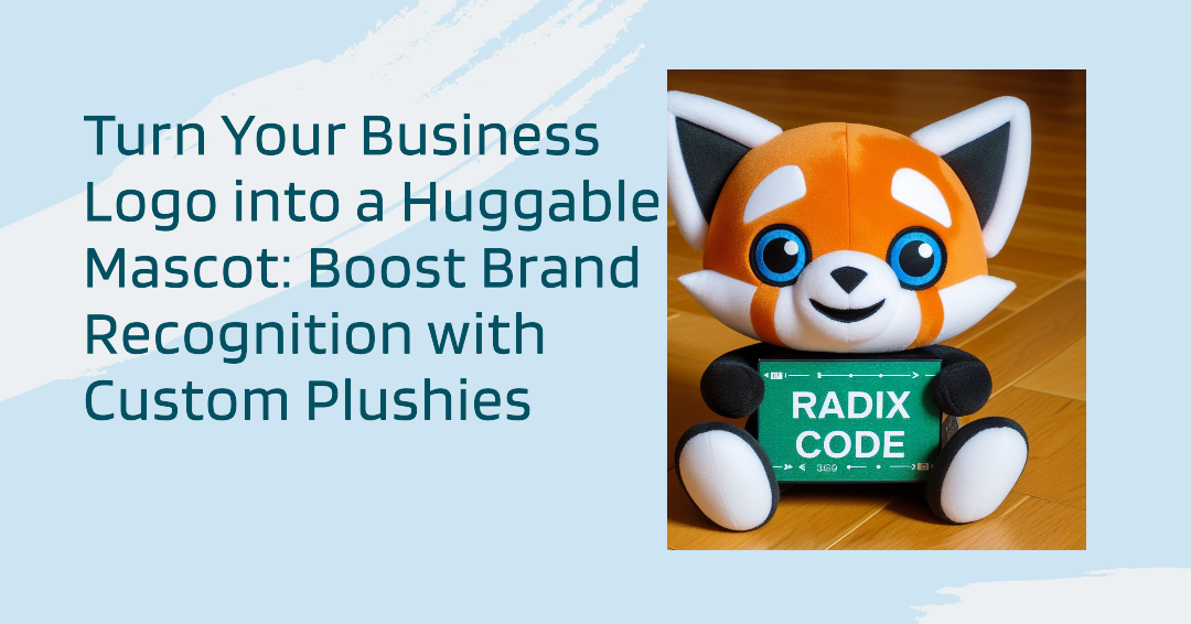A fox-like custom plush toy with a logo. It is sitting on the floor holding the logo.