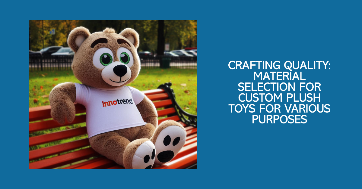 A custom plush toy with the company's logo on its t-shirt is sitting on a park bench.