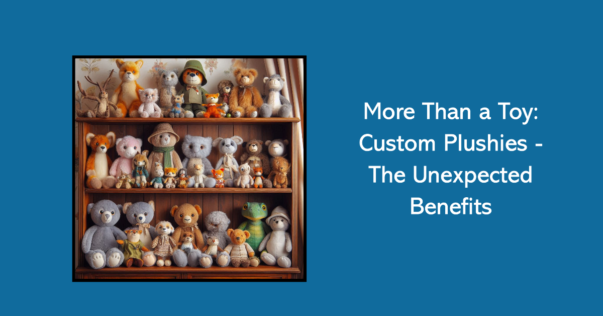 Various custom plush toys and stuffed animals are on a shelf.