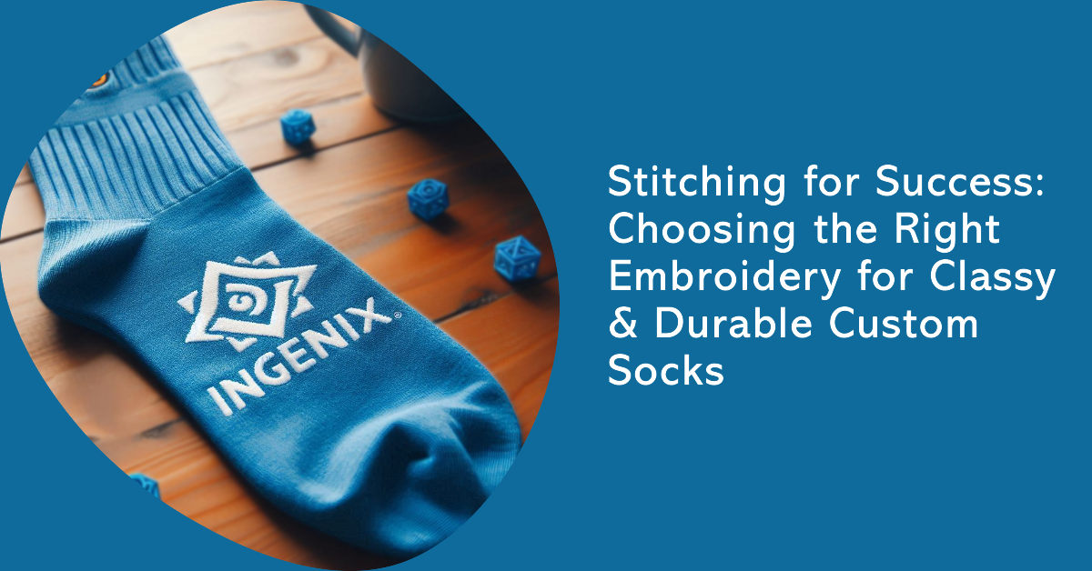 A blue custom sock with the logo embroidered on it.