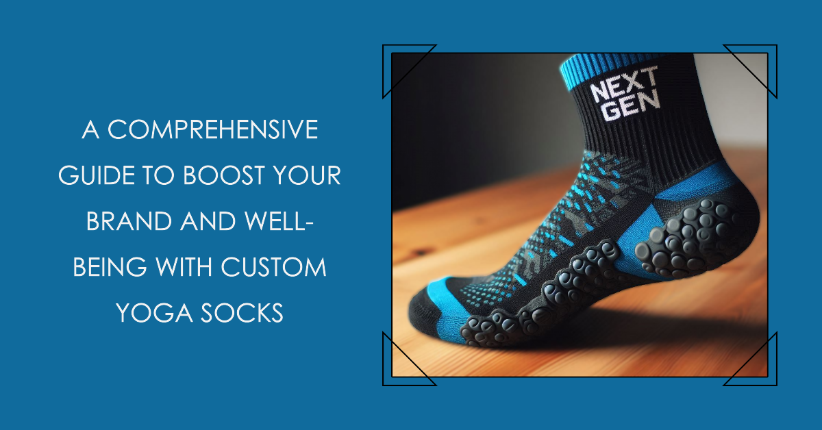A blue and black custom yoga sock with silicone dots at the bottom for grip.