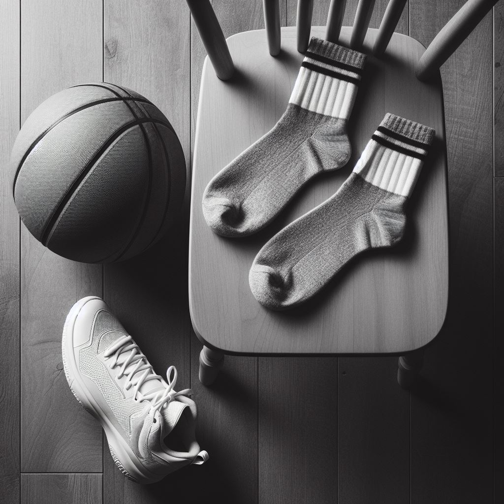 A pair of custom basketball socks lying on a chair.