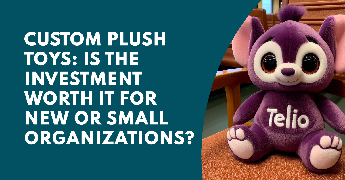 A custom plush toy made by EverLighten on a chair. It dawns the company's logo on its plum-colored body. 