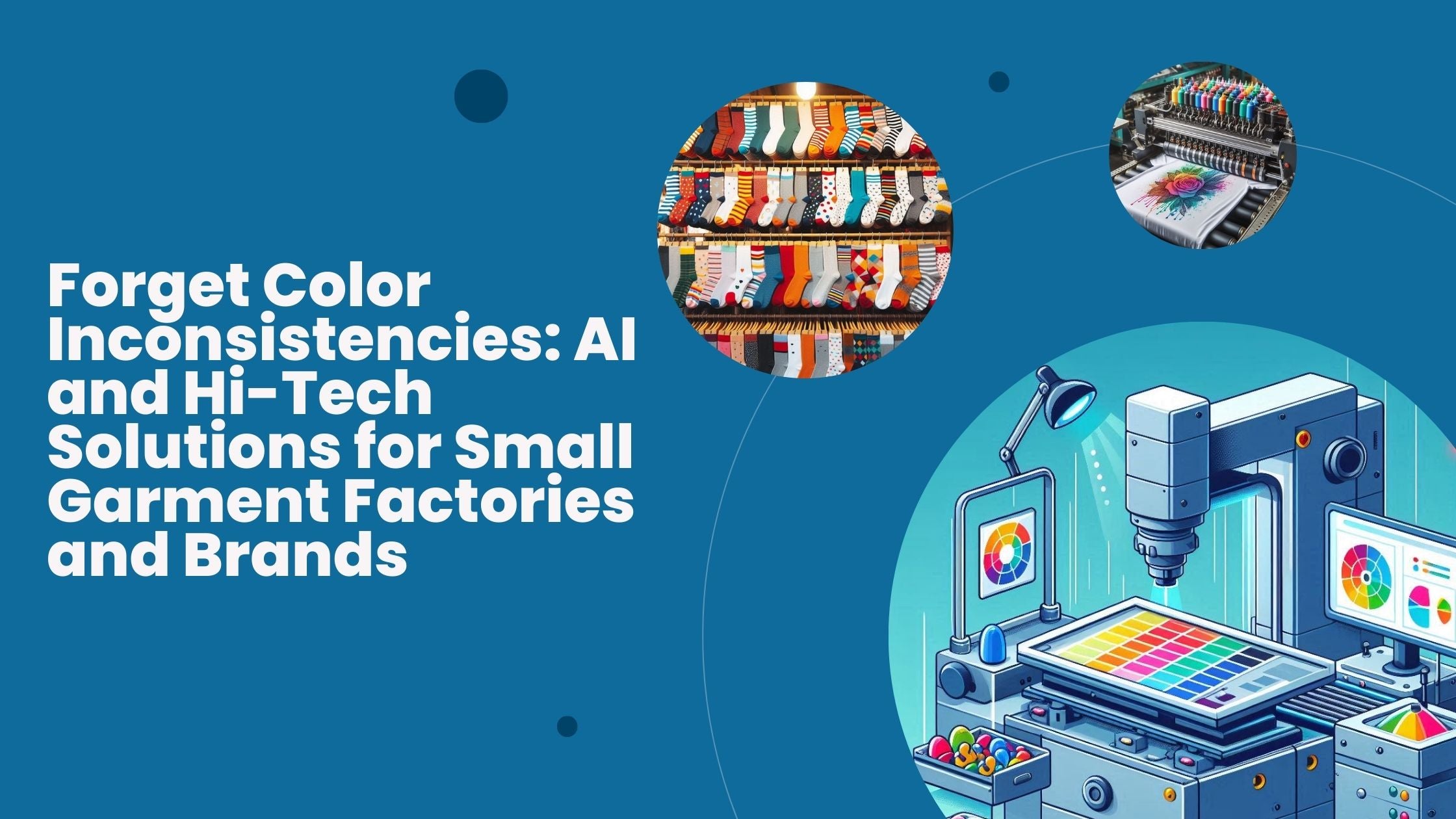 Three images: one with modern tech to check garment colors, colorful socks in a shop, and a t-shirt printing machine.