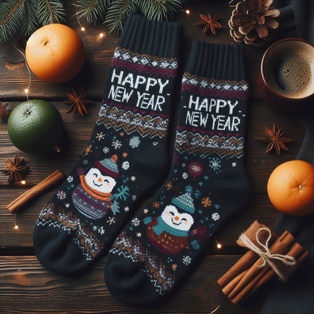 A pair of black custom sock wishing people Happy New Year.