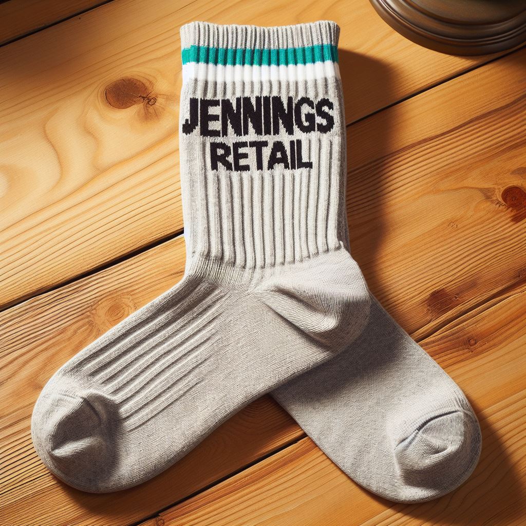 A pair of custom socks with a logo lying on a wooden floor.