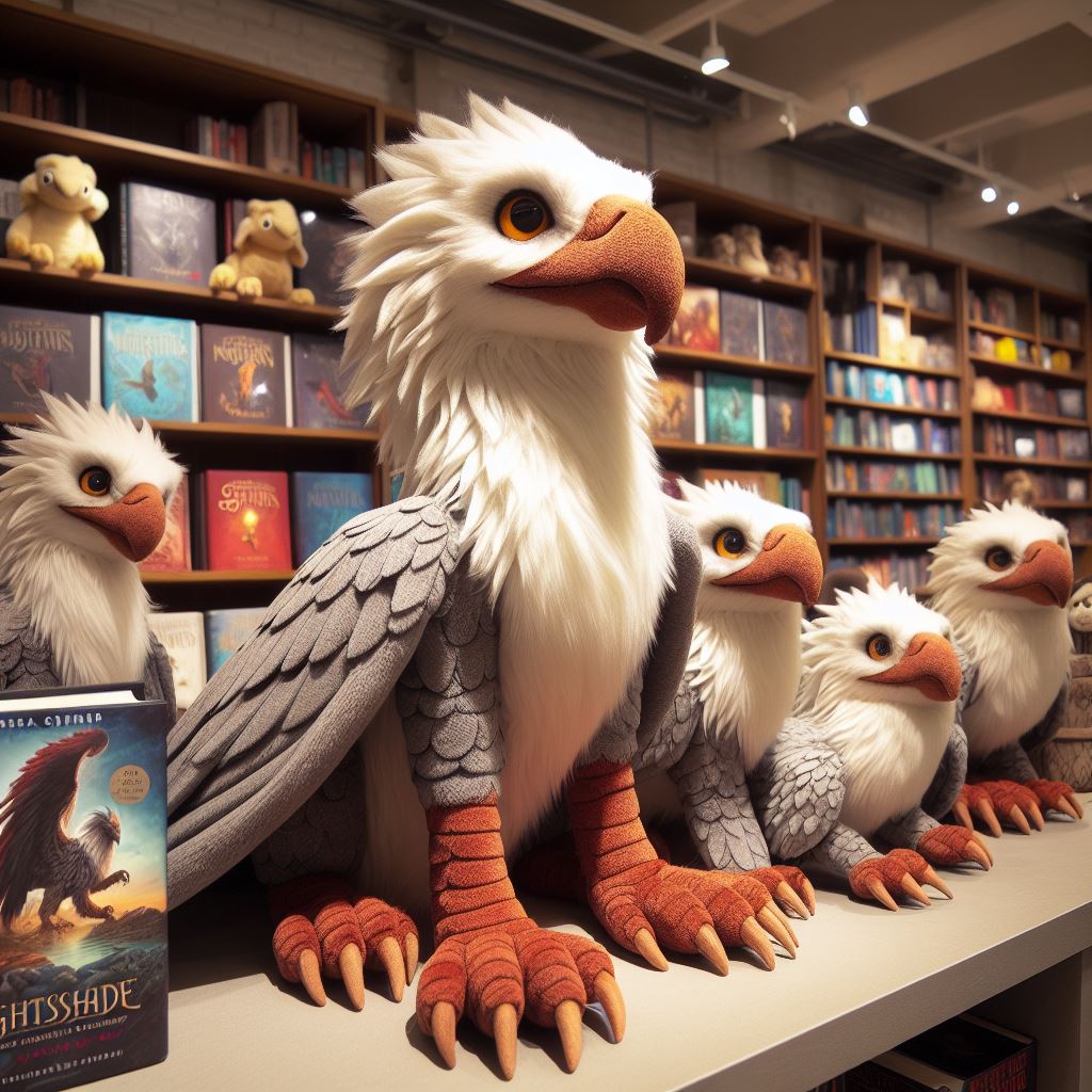 Custom Plush toys from the book Andrea Cremer's Nightshade series. These are replicas of griffin creatures kept in a bookstore.