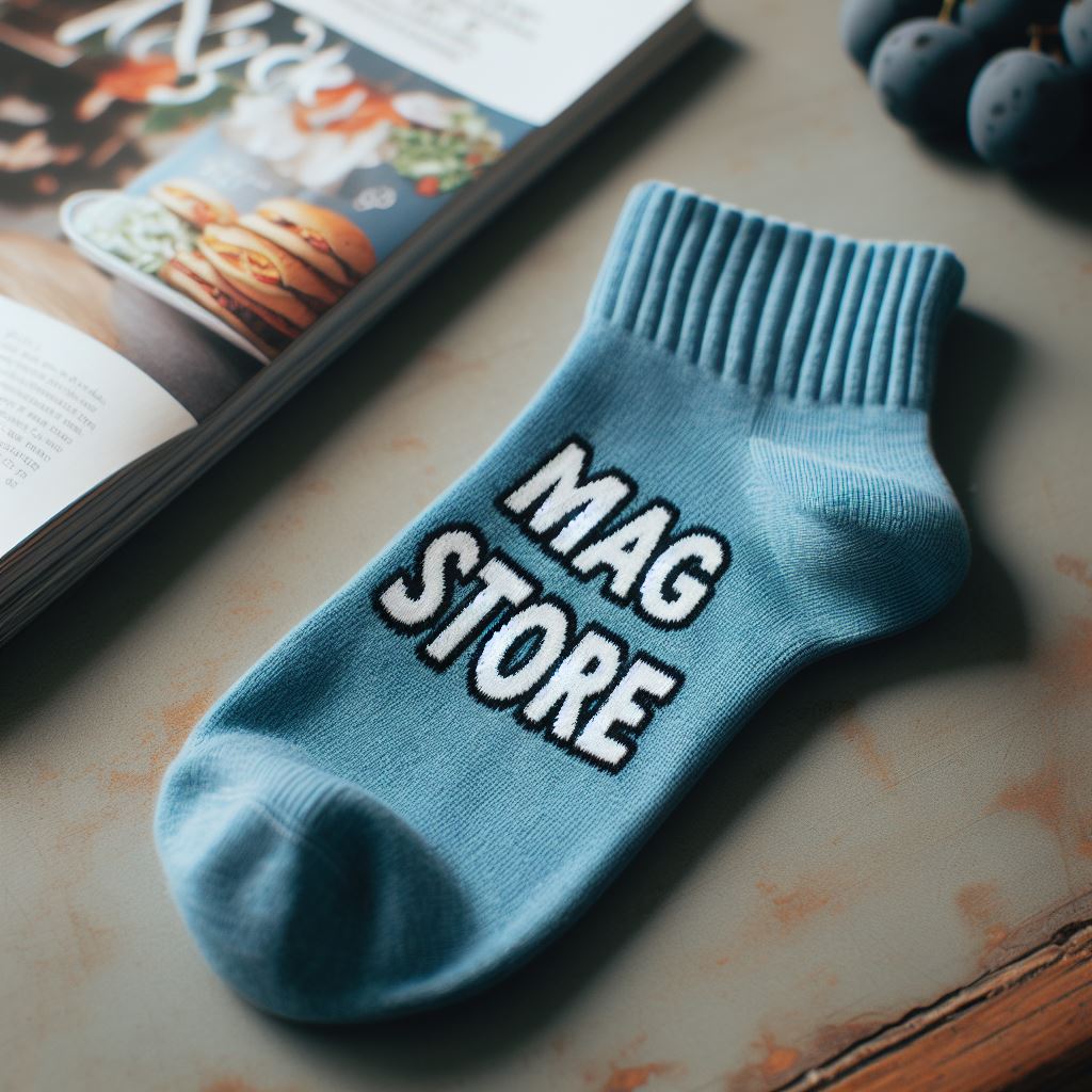 Blue custom socks with logo on a table.