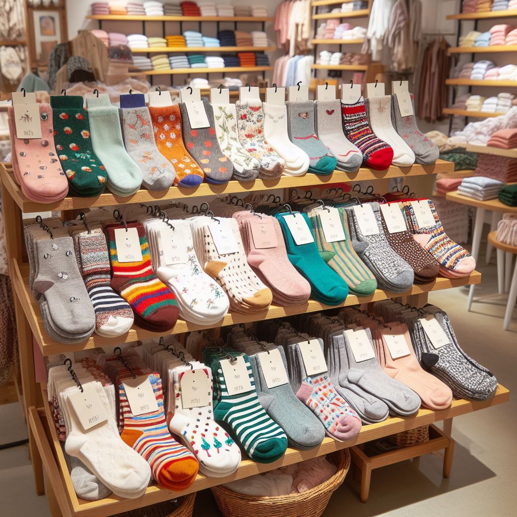Various custom socks by EverLighten in a shop.