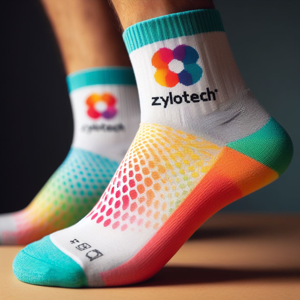 A pair of colorful logo socks made by EverLighten for a company.
