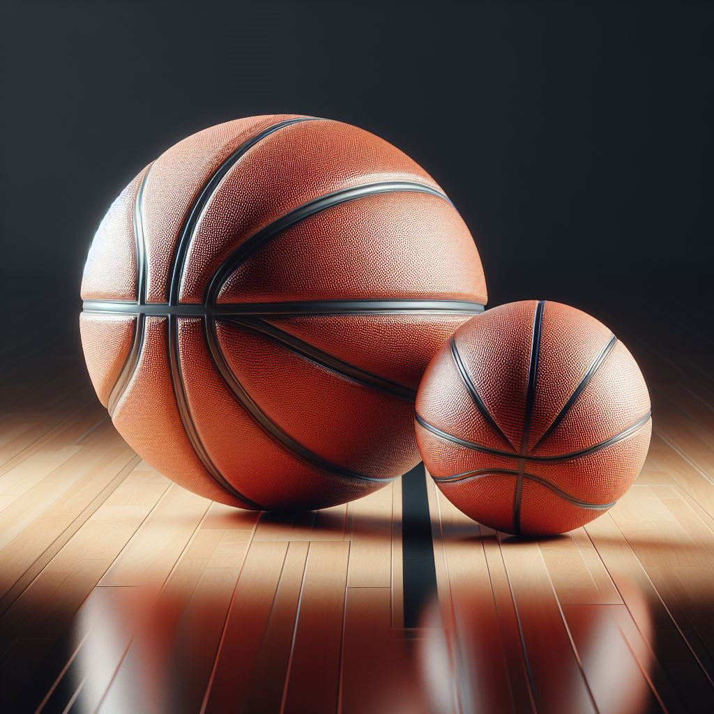 Two custom basketballs side-by-side on the floor. One is a regular one, and the other is a mini-basketball.