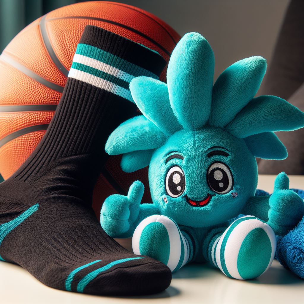 A custom sock, a plush toy, and a basketball on a table.