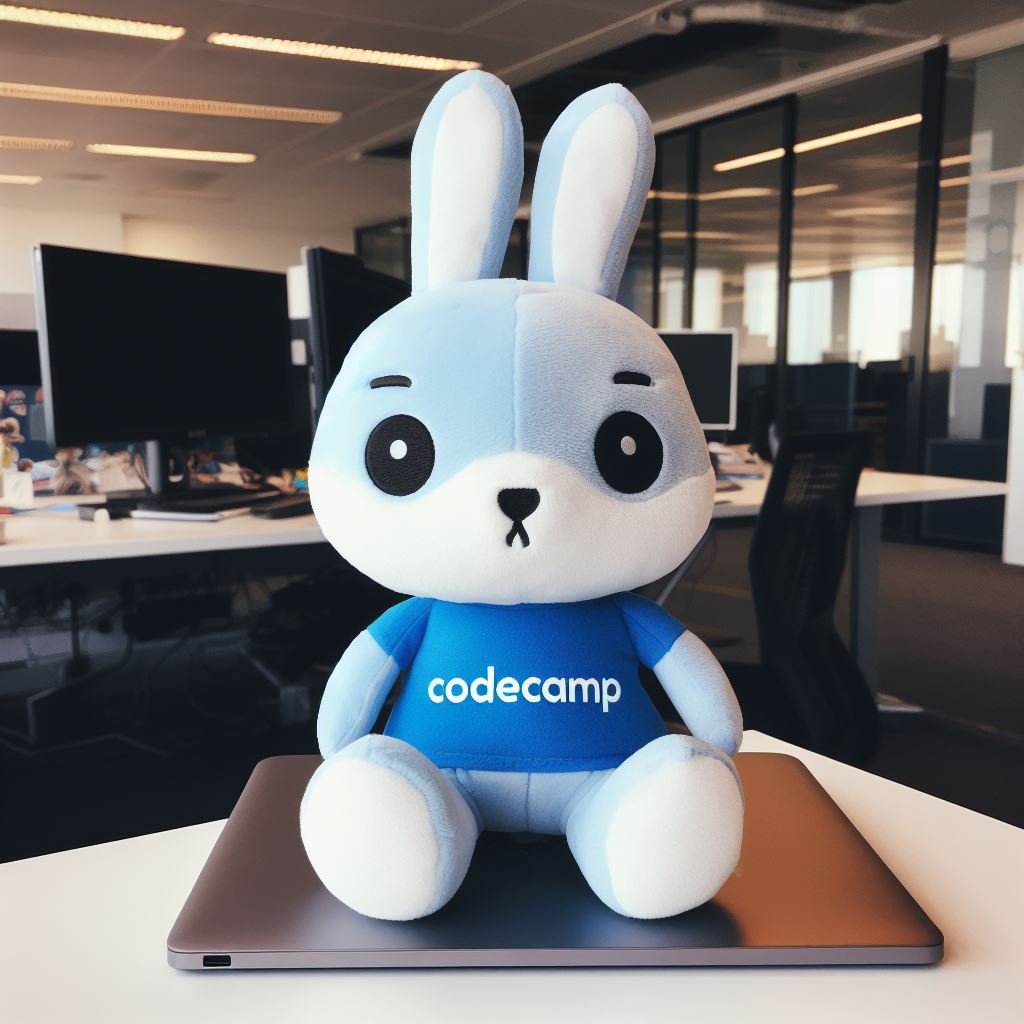 A cute bunny wearing a company's logo t-shirt.