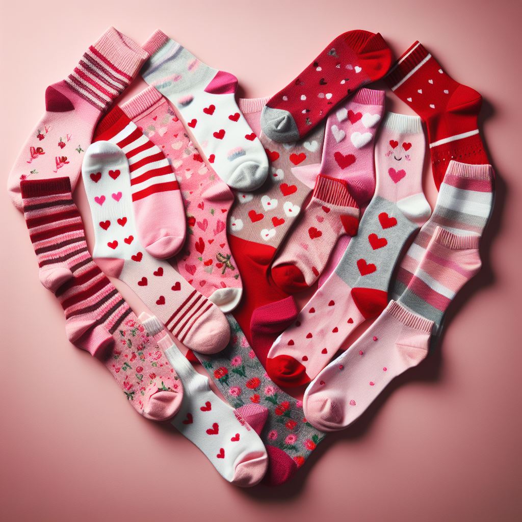 Various custom socks for Valentine's Day are kept on the floor in the shape of a heart.