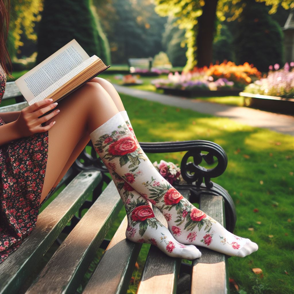 A lady wearing custom knee-high socks reading a book on a park bench.