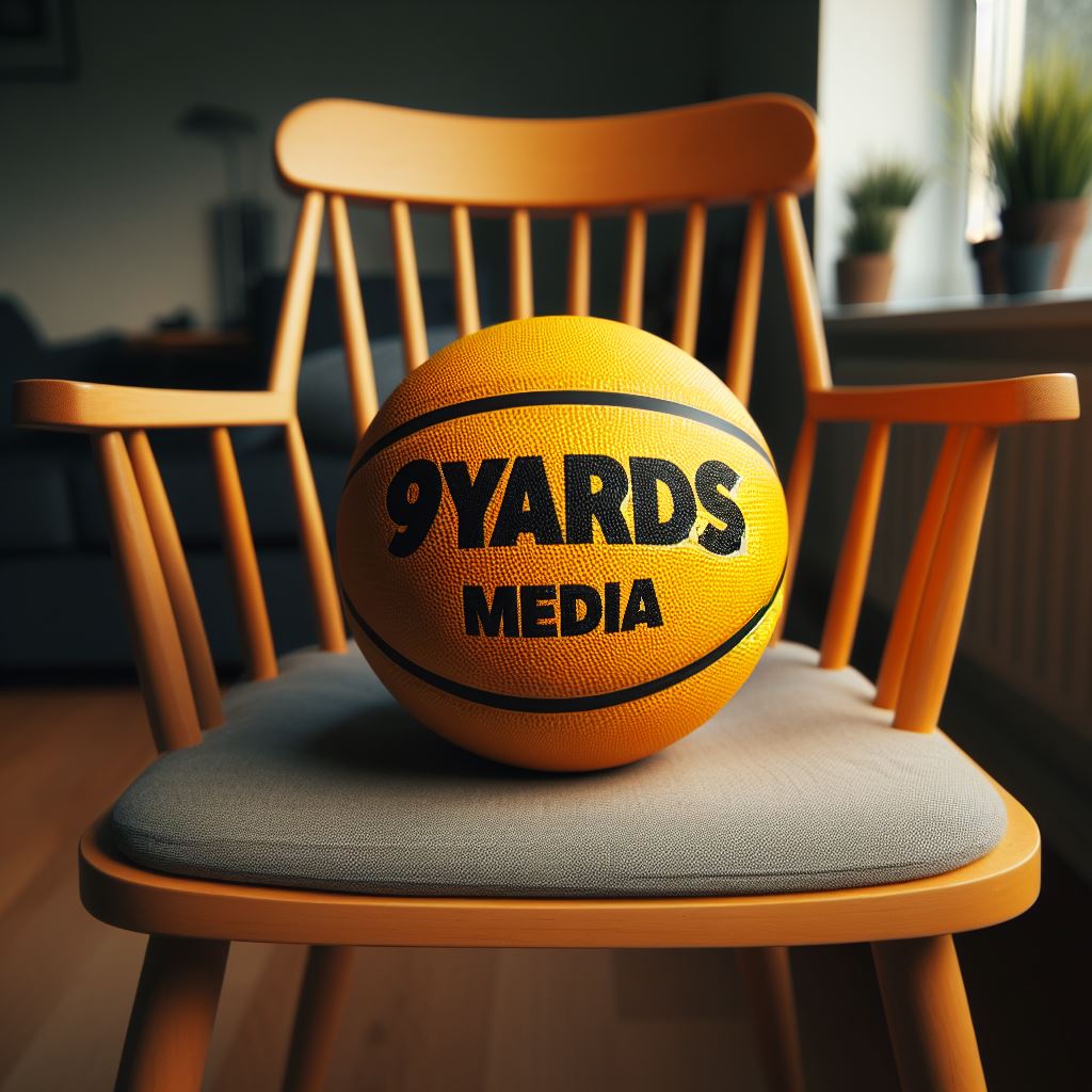 A custom basketball with a logo on a chair.