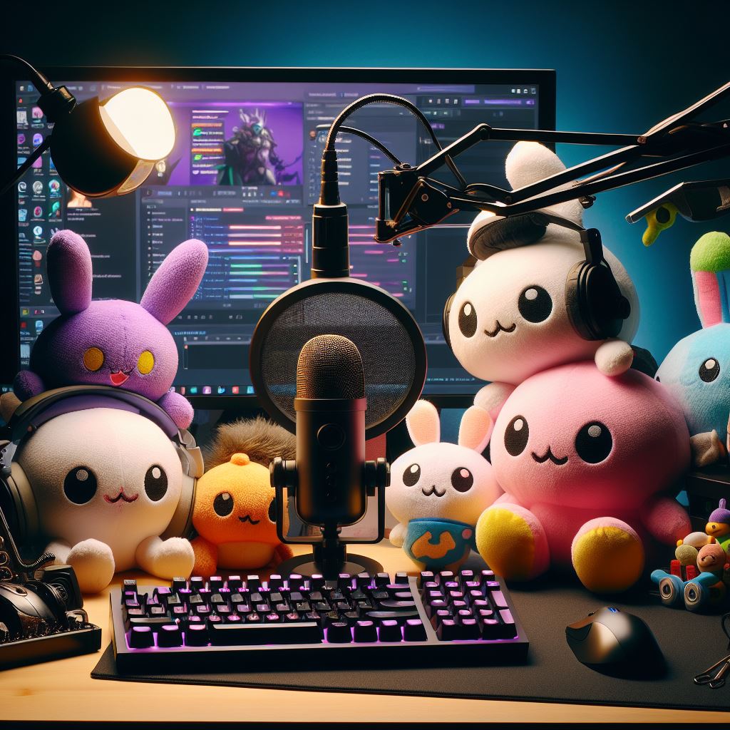 Various custom plush toys for streamers are kept on a table with a computer.