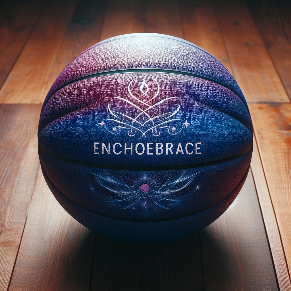 A custom basketball with a company's logo in mystic indigo kept on a wooden floor.