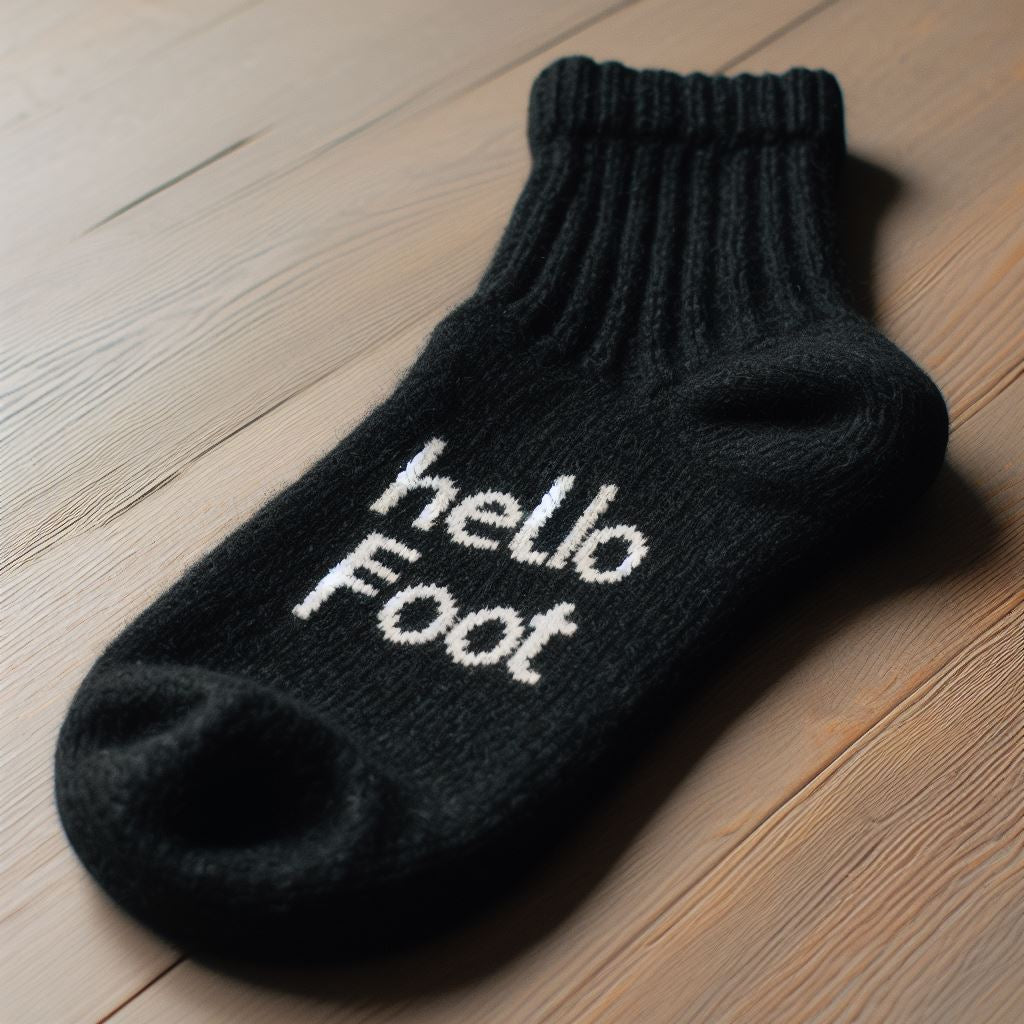 A black heavy-duty custom sock with a logo lying on the floor.