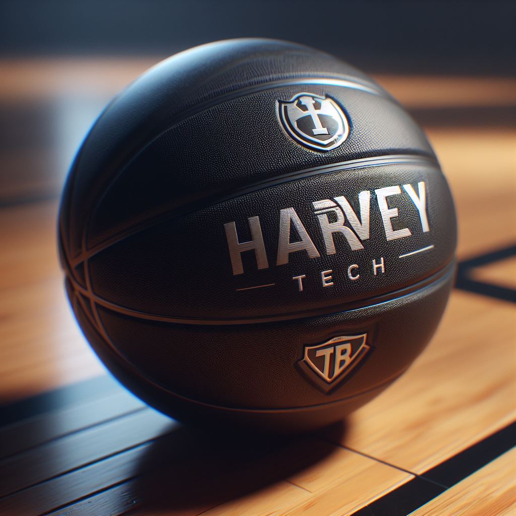 A black custom basketball with a logo on a basketball court floor.